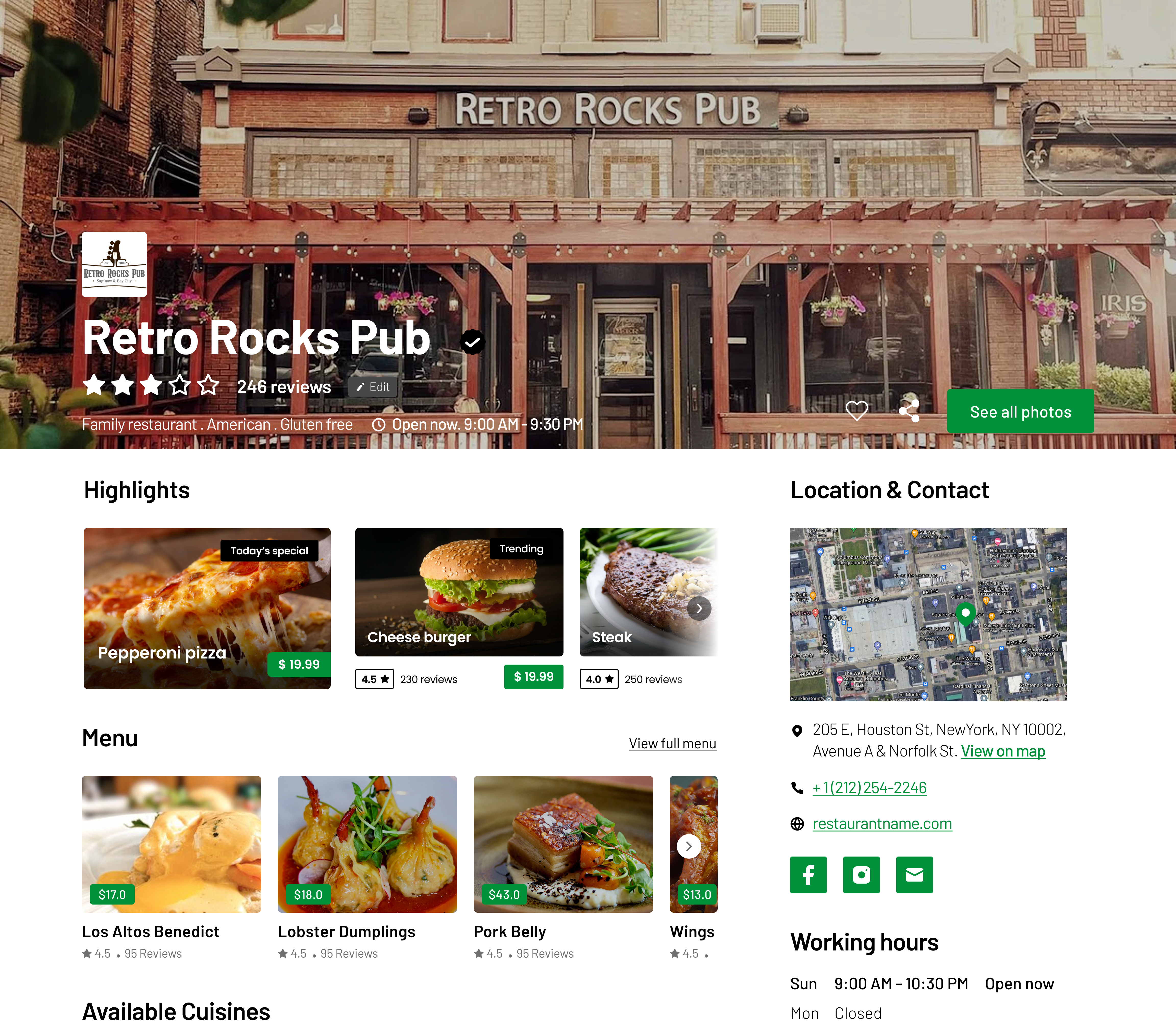 Public Profile page with menu, reviews, and contact information